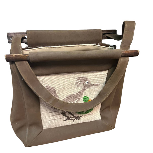 Vintage Road Runner Purse Tote Bag Embroidered Dessert Cottage Core Wooden - Picture 1 of 12